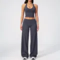 Dark grey halter yoga set with crop top and foldover wide-leg pants for fitness gym. - S / Top And Bottom / Dark Blue Grey