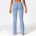 Back view detail of women high waist V flare yoga pants, peach butt ruched fitness activewear. - S / Sky Blue