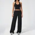 Black halter crop top and wide-leg yoga pants set, elastic slim fit fitness activewear. - S / Top And Bottom / Premium Black