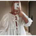 Blusa blanca con lazo manga abullonada mujer casual bonito top peplum elegante chic - S / Blanco