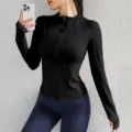 Women's slim fit athletic zip-up jacket long sleeve running gym yoga sports top black - S / Premium Black