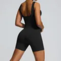 Black ribbed seamless one-piece yoga jumpsuit, tight fitness activewear romper for women. - S / Black