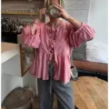 Blusa rosa con lazo delantero y mangas abullonadas, top casual dulce de mujer para diario. - Rosa