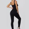 Black ribbed seamless yoga jumpsuit for women, athletic fitness activewear romper. - S / Black