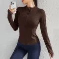 Women's slim-fit athletic zip-up jacket, long sleeve running yoga top in dark brown. - S / Dark Brown