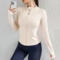 Women athletic zip-up jacket slim fit running yoga top with thumb holes beige color - S / Ivory