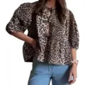 Blusa mujer estampado leopardo manga abullonada lazo delantero top elegante verano - Estampado de leopardo