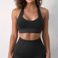 Black ribbed yoga set for women, seamless fitness bra and high waist activewear leggings. - S / Tops / Black