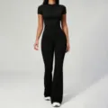 Black short sleeve top and high waist flared yoga pants set for women fitness wear - S / Premium Black