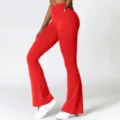 Red high-waisted flare yoga pants with V-waist design, stretchy athletic fitness leggings. - Rose Red