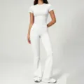 Women's white brushed naked feeling yoga set, slim short sleeve top and high waist flared pants. - S / Swan White