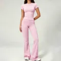 Pink short sleeve slim yoga top and high waist flared pants fitness athletic workout set - Sakura Pink