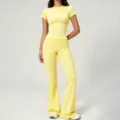 Yellow yoga set for women, short sleeve slim fit top and high waist flare pants fitness wear. - Lemon Yellow
