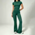 Women's slim fit short sleeve high waist flared yoga set sports fitness outfit green - Christmas Green
