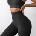 Seamless yoga set for women, high waist tummy control leggings and sports bra, black activewear. - S / Bottoms / Black