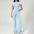 Light blue short sleeve top high waist flared pants yoga set for women fitness activewear. - Sky Blue