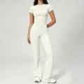 White short sleeve crop top and high waist flare pants yoga set for women fitness wear. - Ivory