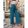 Women's casual wide leg pants high waist elastic trousers blue green fashion summer daily wear - Teal