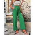 Green high waist casual loose wide leg trousers for women with comfortable elastic drawstring. - Verdant