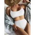 Ensemble bikini blanc côtoté à col U et taille haute, maillot deux pièces élégant plage. - S / Ensemble / Blanc