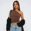 Top corto monospalla arricciato monocolore donna moda casual sexy slim fit gilet. - XS / Marrone