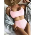 Ensemble bikini côtelé rose pour femme, haut court col U et maillot de bain taille haute. - S / Ensemble / Rose