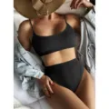 Ensemble bikini noir côtelé à col U et taille haute, maillot de bain femme élégant. - Noir