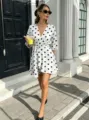 Summer women polka dot V-neck wrap dress, stylish short dress for casual and daily wear. - S / White