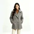 Grey double-breasted woolen coat detail, lapel collar and buttons, elegant winter fashion. - Gray