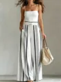 Striped wide-leg pants detail shot, showcasing high waist, casual drawstring, and flowy silhouette. - S / White