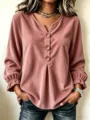 Women's corduroy long sleeve V-neck button blouse casual shirt top detailed texture apparel - S / Tops / Pink