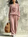 Women velvet lounge set featuring a chic cowl neck long sleeve top and comfortable straight pants. - S / Top And Bottom (YG2619) / Pink