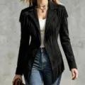 Women black suede fringe jacket autumn winter slim lapel long sleeve outerwear top - S / Tops / Black