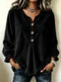 Women's corduroy long sleeve V-neck blouse with chic wooden buttons and casual daily style. - S / Tops / Black