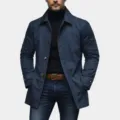 Men's casual slim fit lapel trench coat detail view, stylish blue button jacket apparel. - S / Tops / Navy Blue