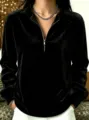 Women's black velvet quarter-zip long sleeve sweatshirt casual fleece autumn top. - S / Tops / Black