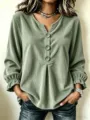 Women corduroy V-neck long sleeve blouse button cuff casual top shirt detail view - Green