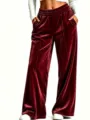 Velvet wide leg pants detail highlighting high elastic waist, drawstring, and pockets. - Burgundy