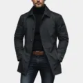 Men's black trench coat casual jacket solid color long sleeve stylish outerwear detail view - S / Tops / Black