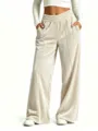 Detail view of women casual velvet wide leg pants high waist drawstring loose trousers - S / Off White