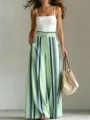 Pantalon large rayé décontracté pour femme d'été, pantalon droit taille haute avec cordon de serrage. - Vert