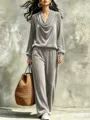 Grey velvet cowl neck top and wide leg pants set featuring elegant drape and straw tote bag. - S / Top And Bottom (YG2619) / Light Gray