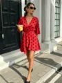 Summer red polka dot v-neck wrap mini dress for women, chic high waist short dresses. - Red