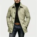 Detailed view of casual men trench coat jacket paired with black turtleneck and jeans. - S / Tops / Khaki