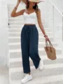 Casual wide-leg pants for women, solid color loose fit with drawstring, perfect for summer. - S / Navy Blue