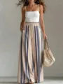 Women summer casual striped wide leg pants, comfortable high waist with drawstring detail. - S / Apricot