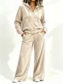 Ensemble survêtement velours femme sweat à capuche zippé et pantalon large automne - S / Haut et Pantalon / Blanc Cassé
