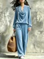 Stylish velvet cowl neck top and wide leg trousers lounge set casual outfit for women. - Sky Blue