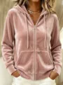 Womens pink velour zip-up hoodie with hood, drawstring and pockets for casual autumn wear. - Pink