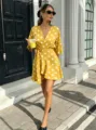 Yellow polka dot V-neck wrap summer dress for women, casual short sleeve slim fit dress. - S / Yellow
